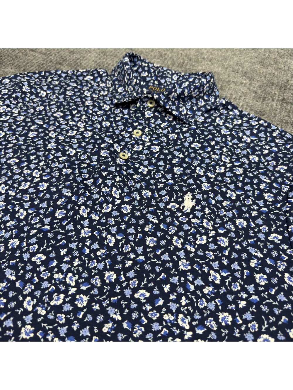 Polo Ralph Lauren Polo Shirt Mens M Custom Slim Fit Blue White Floral AOP Preppy - Picture 1 of 9